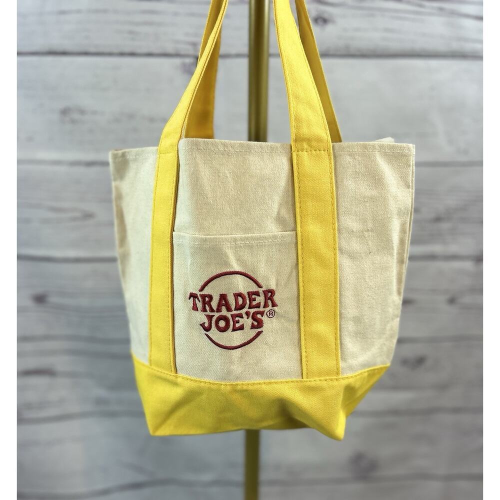 Trader Joe’s Mini Canvas Tote Bag Yellow Limited Edition New Small Grocery Tote - Picture 6 of 8